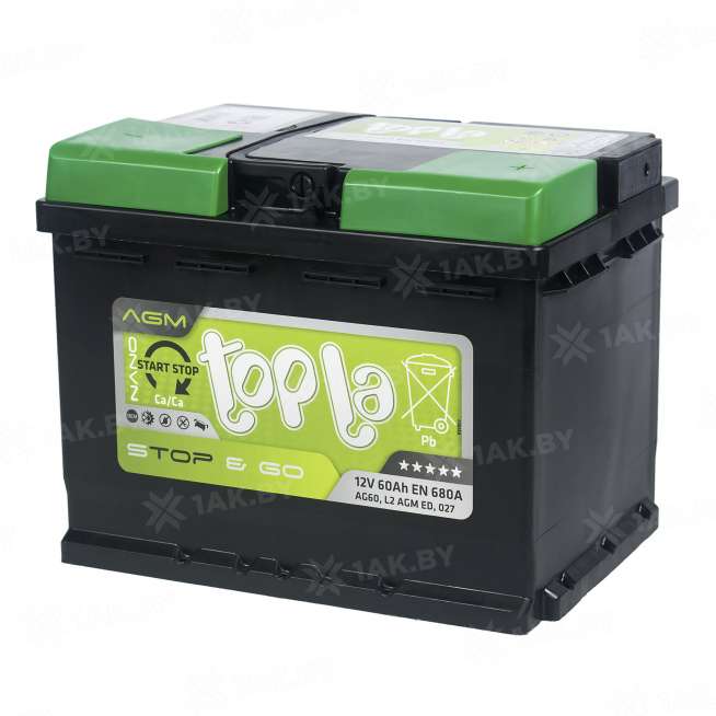 Аккумулятор TOPLA AGM Stop &amp; Go (60 Ah) 680 A, 12 V Обратная, R+ L2 114060 0