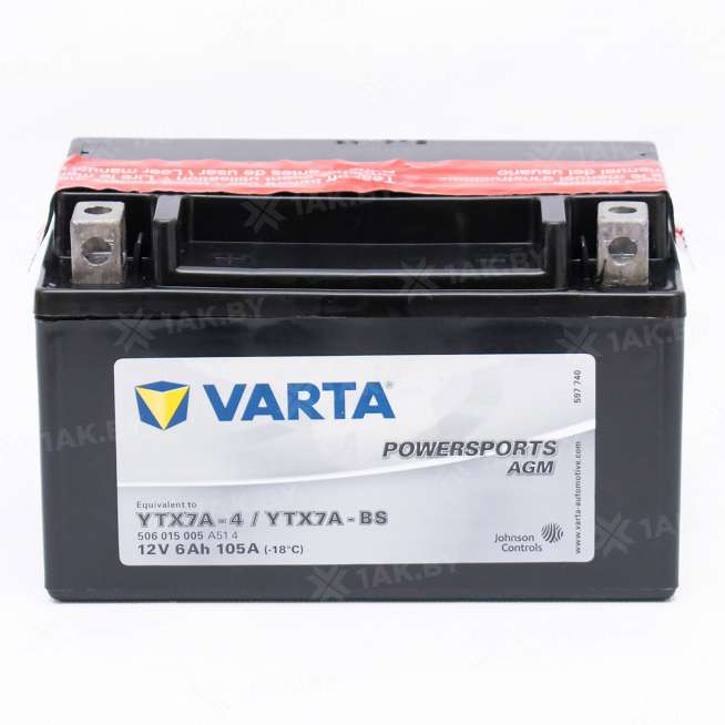 Аккумулятор для мотоцикла Varta Powersports AGM (6 Ah) 105 A, 12 V Прямая, L+ YTX7A-BS 506015005-549629 0