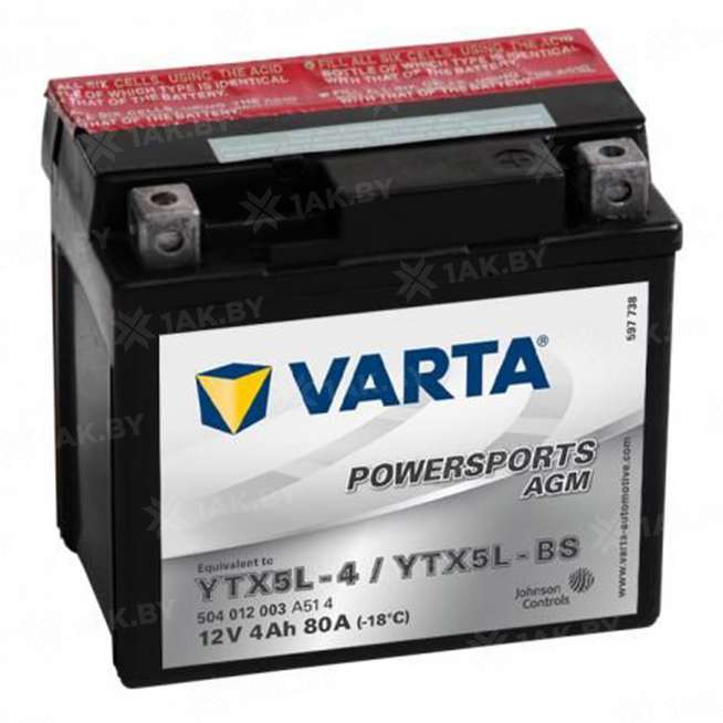 Аккумулятор для мотоцикла Varta Powersports AGM (4 Ah) 80 A, 12 V Обратная, R+ YTX5L-BS 504012003-549623 0