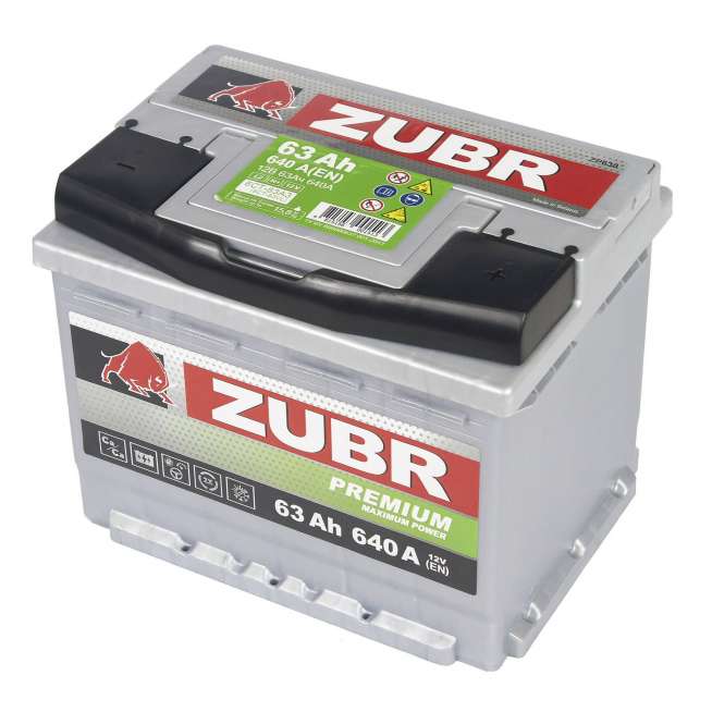 Аккумулятор ZUBR Premium (63 Ah) 640 A, 12 V Обратная, R+ L2 ZU630P 1