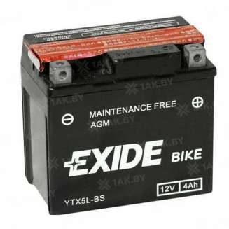 Аккумулятор для мотоцикла EXIDE BIKE (4 Ah) 70 A, 12 V Обратная, R+ YTX5L-BS YTX5L-BS 0