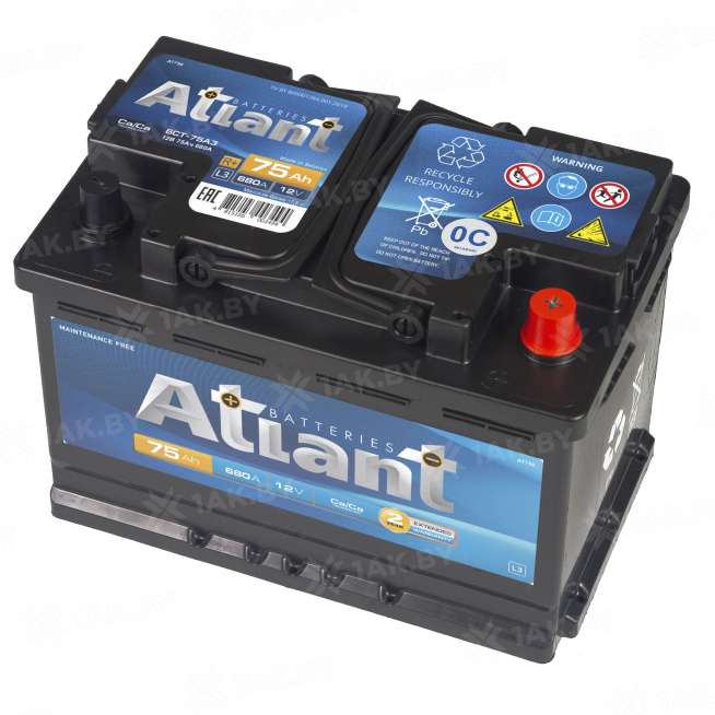 Аккумулятор ATLANT Blue (75 Ah) 680 A, 12 V Обратная, R+ L3 AT750E 1