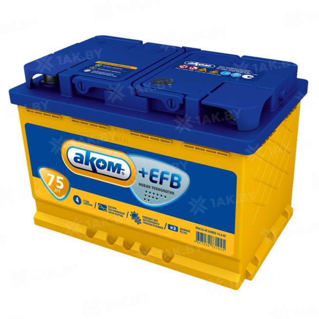 Аккумулятор AKOM +EFB (75 Ah) 750 A, 12 V Обратная, R+ L3 6СТ-75VL 0