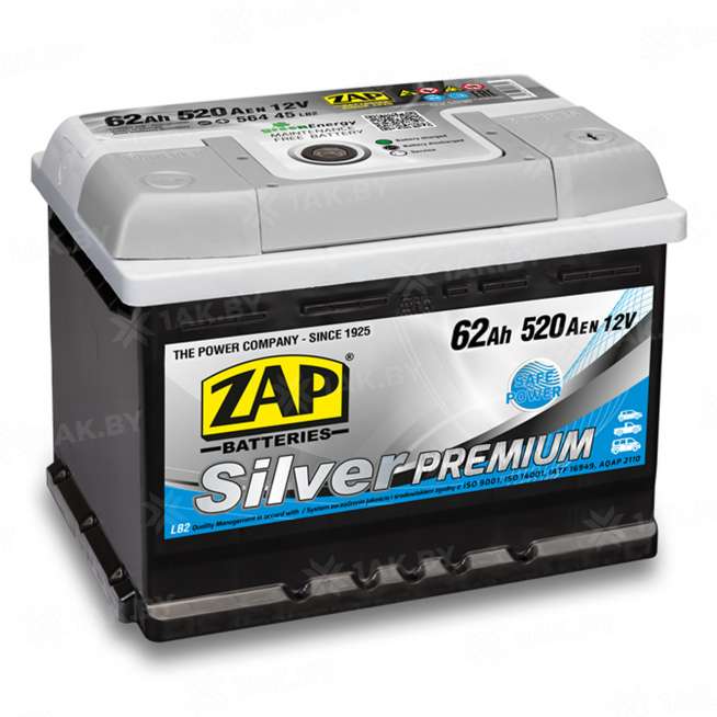 Аккумулятор ZAP PREMIUM (62 Ah) 520 A, 12 V Обратная, R+ L2 ZAP 562 35 0