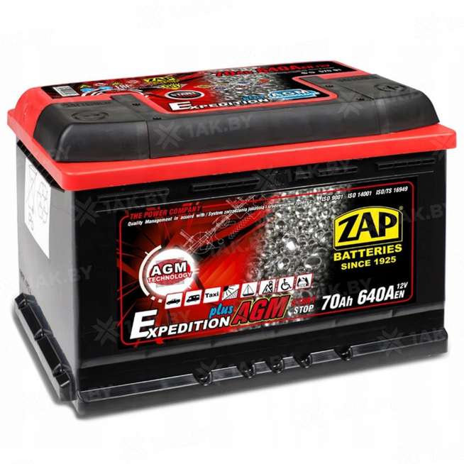 Аккумулятор ZAP EXPEDITION AGM (70 Ah) 640 A, 12 V Обратная, R+ L3 ZAP-570 01 0