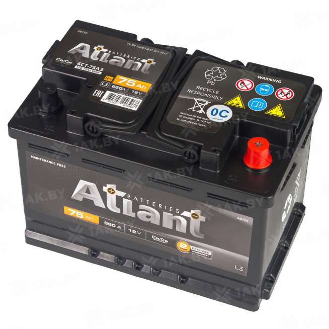 Аккумулятор ATLANT Black (75 Ah) 660 A, 12 V Обратная, R+ L3 AB750SU 0