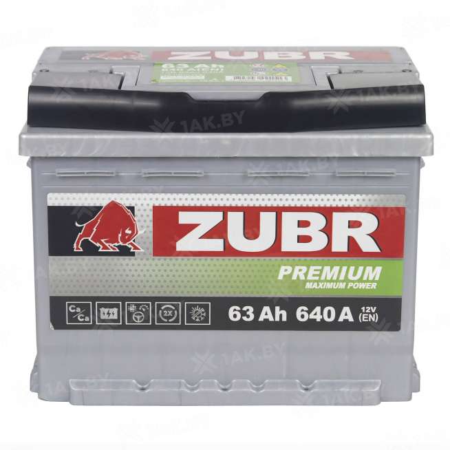 Аккумулятор Zubr Premium 63 Ah, 640 A, 12 V, Прямая полярность, L+, L2 6