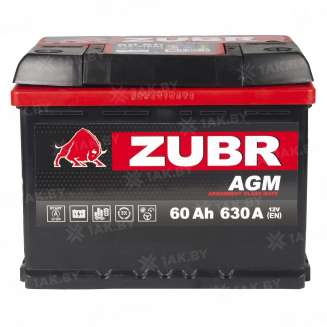 Аккумулятор ZUBR AGM (60 Ah) 630 A, 12 V Обратная, R+ L2 56002600 7