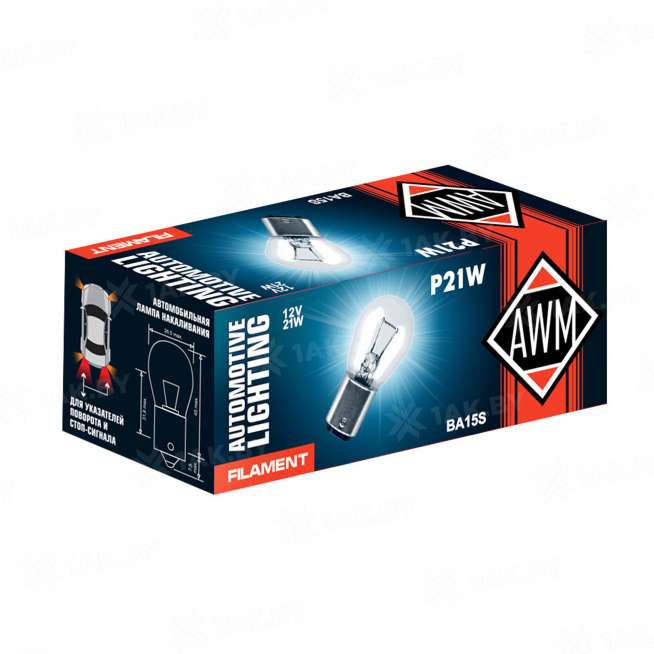 Лампа накаливания AWM P21W 12V 21W (BA15S) (White) (ШК 0817527011569, Артикул 410300006), Страна пр-ва Китай 0