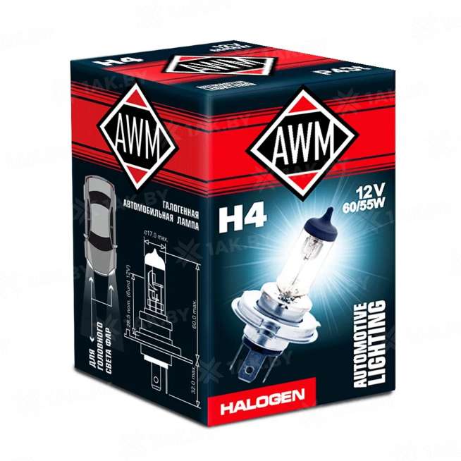 Лампа галогенная AWM H4 12V 60/55W (P43Т), (ШК 0817527011491, Артикул 410300003), Страна пр-ва Китай 0