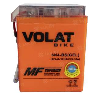 Аккумулятор для мотоцикла VOLAT (4 Ah) 30 A, 6 V Прямая, L+ 6N4-BS 6N4-BS (iGEL)Volat 0