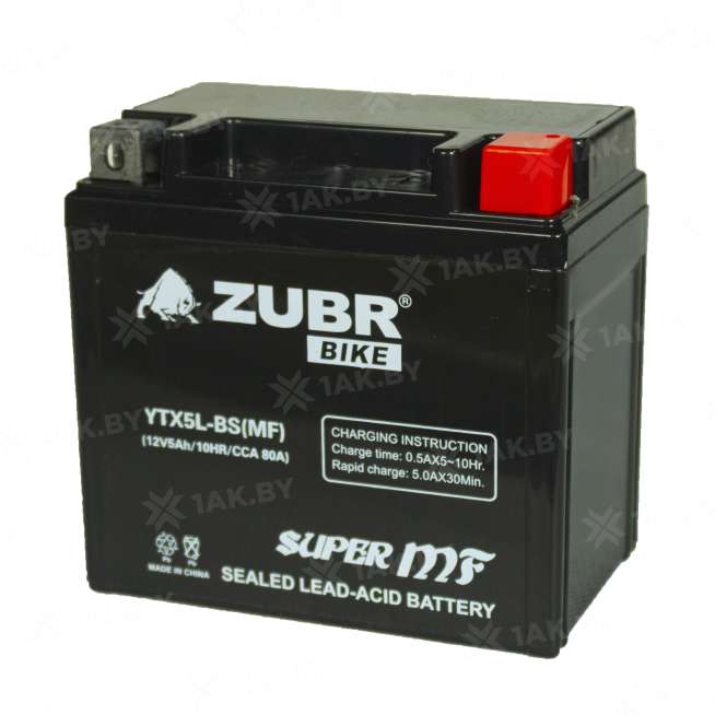 Аккумулятор для мотоцикла ZUBR (5 Ah) 80 A, 12 V Обратная, R+ YTX5L-BS YTX5L-BS (MF)ZUBR 0