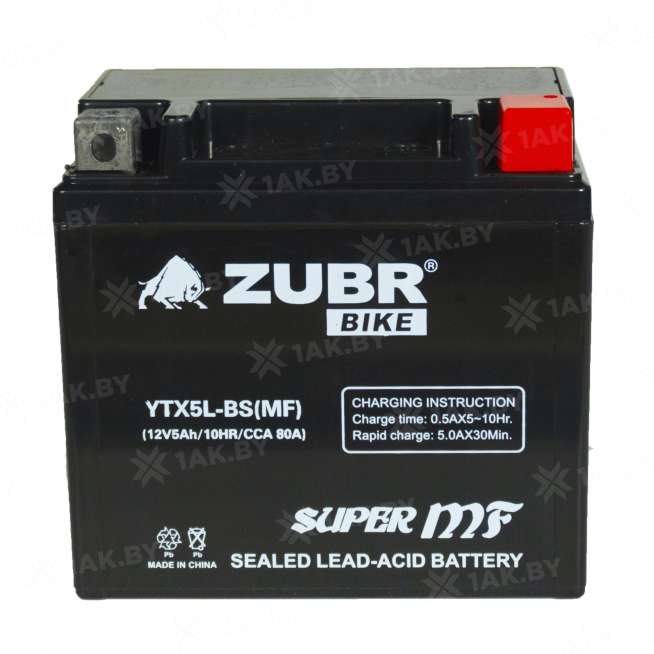 Аккумулятор для мотоцикла ZUBR (5 Ah) 80 A, 12 V Обратная, R+ YTX5L-BS YTX5L-BS (MF)ZUBR 1