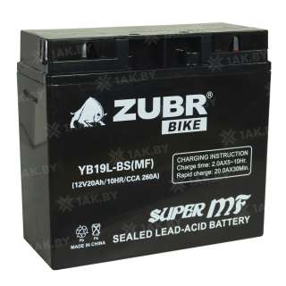 Аккумулятор для мотоцикла ZUBR (20 Ah) 260 A, 12 V Обратная, R+ YB19L-BS YB19L-BS (MF) Аккумулятор для мотоцикла ZUBR (20 Ah) 260 A, 12 V Обратная, R+ YB19L-BS YB19L-BS (MF)