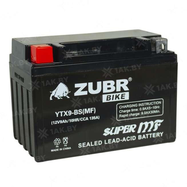 Аккумулятор для мотоцикла ZUBR (10 Ah) 100 A, 12 V Прямая, L+ YB9-BS YB9-BS (MF)ZUBR 0