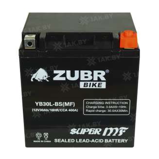 Аккумулятор для мотоцикла ZUBR (30 Ah) 400 A, 12 V Обратная, R+ YB30L-BS YB30L-BS (MF) 1