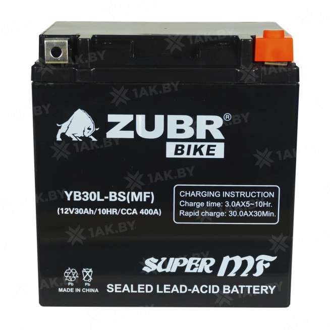 Аккумулятор для мотоцикла ZUBR (30 Ah) 400 A, 12 V Обратная, R+ YB30L-BS YB30L-BS (MF)ZUBR 2