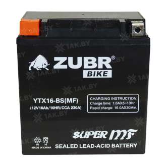 Аккумулятор для мотоцикла ZUBR (16 Ah) 230 A, 12 V Прямая, L+ YTX16-BS YTX16-BS (MF) 0
