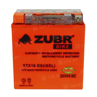Аккумулятор для мотоцикла ZUBR (16 Ah) 230 A, 12 V Прямая, L+ YTX16-BS YTX16-BS (iGEL) 1