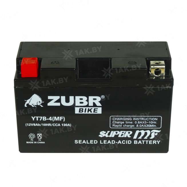 Аккумулятор для мотоцикла ZUBR (8 Ah) 130 A, 12 V Прямая, L+ YT7B-4 YT7B-4 (MF) 0