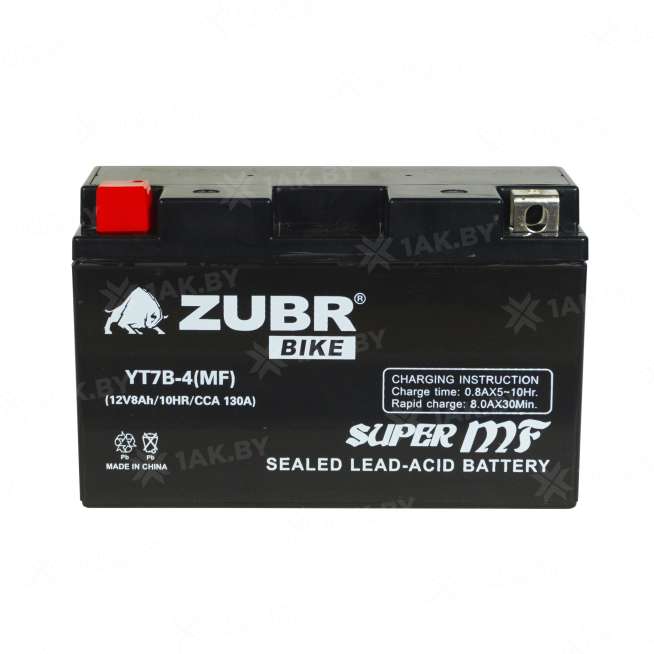 Аккумулятор для мотоцикла ZUBR (8 Ah) 130 A, 12 V Прямая, L+ YT7B-4 YT7B-4 (MF) 1
