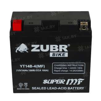 Аккумулятор для мотоцикла ZUBR (14 Ah) 155 A, 12 V Прямая, L+ YT14B-4 YT14B-4 (MF) 0