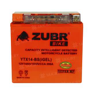 Аккумулятор для мотоцикла ZUBR (14 Ah) 200 A, 12 V Прямая, L+ YTX14-BS YTX14-BS (iGEL) 0