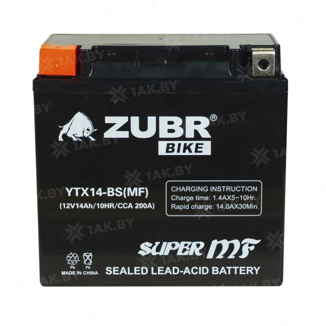 Аккумулятор для мотоцикла ZUBR (14 Ah) 200 A, 12 V Прямая, L+ YTX14-BS YTX14-BS (MF)ZUBR 0