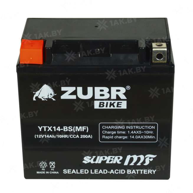 Аккумулятор для мотоцикла ZUBR (14 Ah) 200 A, 12 V Прямая, L+ YTX14-BS YTX14-BS (MF)ZUBR 1