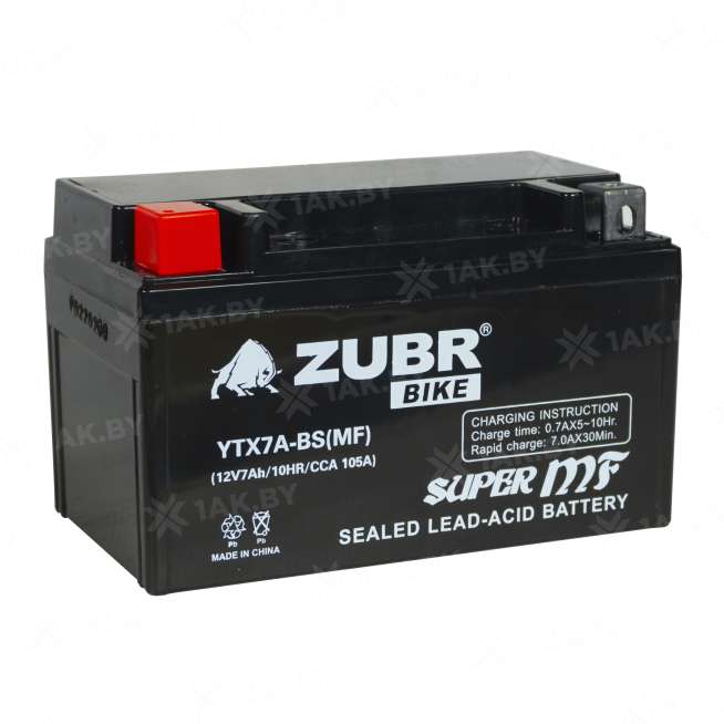 Аккумулятор для мотоцикла ZUBR (7 Ah) 105 A, 12 V Прямая, L+ YTX7A-BS YTX7A-BS (MF)ZUBR 2