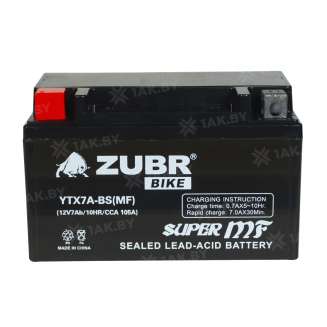 Аккумулятор для мотоцикла ZUBR (7 Ah) 105 A, 12 V Прямая, L+ YTX7A-BS YTX7A-BS (MF) 3