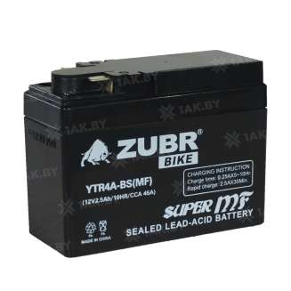Аккумулятор для мотоцикла ZUBR (2.5 Ah) 45 A, 12 V Обратная, R+ YTR4A-BS YTR4A-BS (MF) 1