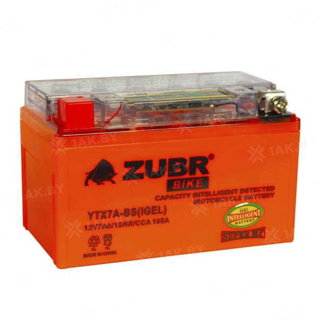 Аккумулятор для мотоцикла ZUBR (7 Ah) 105 A, 12 V Прямая, L+ YTX7A-BS YTX7A-BS (iGEL)ZUBR 1
