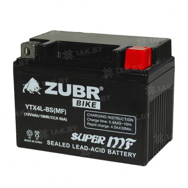 Аккумулятор для мотоцикла ZUBR (4 Ah) 50 A, 12 V Обратная, R+ YTX4L-BS YTX4L-BS (MF)ZUBR 0