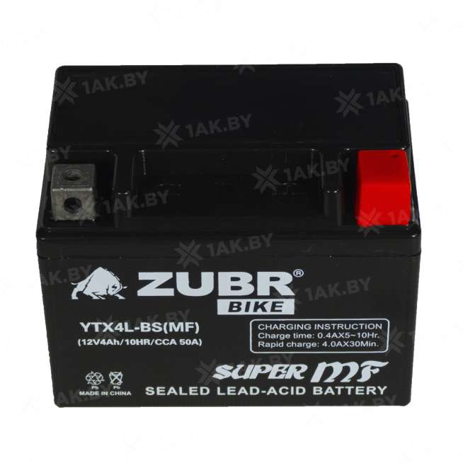 Аккумулятор для мотоцикла ZUBR (4 Ah) 50 A, 12 V Обратная, R+ YTX4L-BS YTX4L-BS (MF)ZUBR 1