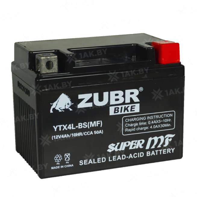 Аккумулятор для мотоцикла ZUBR (4 Ah) 50 A, 12 V Обратная, R+ YTX4L-BS YTX4L-BS (MF)ZUBR 3