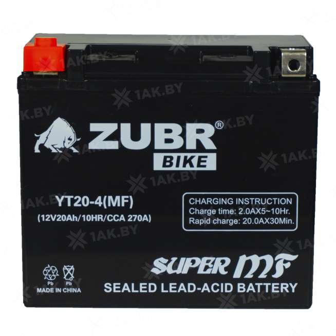 Аккумулятор для мотоцикла ZUBR (20 Ah) 270 A, 12 V Прямая, L+ YT20-4 YT20-4 (MF)ZUBR 3