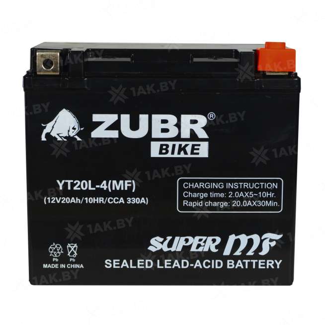 Аккумулятор для мотоцикла ZUBR (20 Ah) 330 A, 12 V Обратная, R+ YT20L-4 YT20L-4 (MF) 2