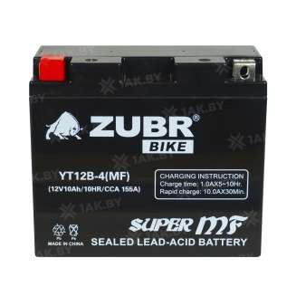 Аккумулятор для мотоцикла ZUBR (10 Ah) 155 A, 12 V Прямая, L+ YT12B-4 YT12B-4 (MF) 0