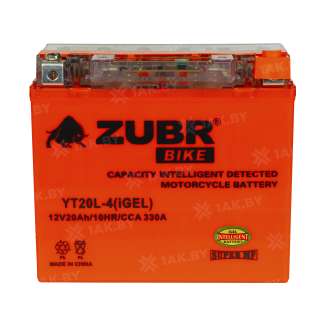 Аккумулятор для мотоцикла ZUBR (20 Ah) 330 A, 12 V Обратная, R+ YT20L-4 YT20L-4 (iGEL) 0