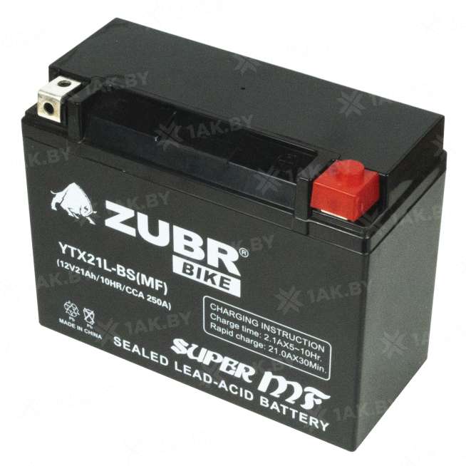 Аккумулятор для мотоцикла ZUBR (21 Ah) 250 A, 12 V Обратная, R+ YTX21L-BS YTX21L-BS (MF) 0