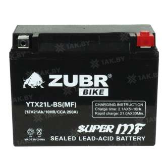 Аккумулятор ZUBR (21 Ah) 250 A, 12 V Обратная, R+ YTX21L-BS YTX21L-BS (MF) 1