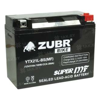 Аккумулятор ZUBR (21 Ah) 250 A, 12 V Обратная, R+ YTX21L-BS YTX21L-BS (MF) 2