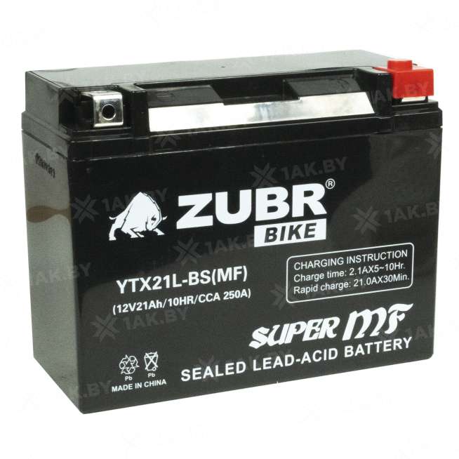 Аккумулятор для мотоцикла ZUBR (21 Ah) 250 A, 12 V Обратная, R+ YTX21L-BS YTX21L-BS (MF) 2