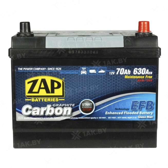 Аккумулятор ZAP CARBON (70 Ah) 630 A, 12 V Обратная, R+ D26 ZAP-570 46 1