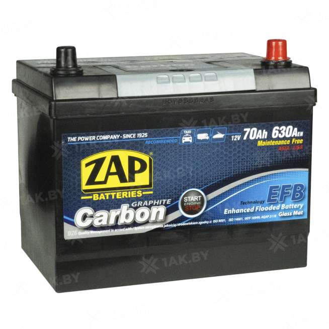 Аккумулятор ZAP CARBON (70 Ah) 630 A, 12 V Обратная, R+ D26 ZAP-570 46 2
