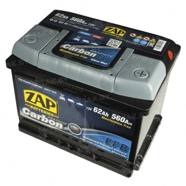 Аккумулятор ZAP CARBON (62 Ah) 550 A, 12 V Обратная, R+ L2 ZAP-562 05 0