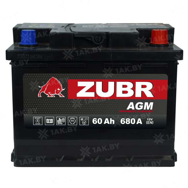 Аккумулятор ZUBR AGM (60 Ah) 680 A, 12 V Обратная, R+ L2 AGM.L2.60.068.A 1