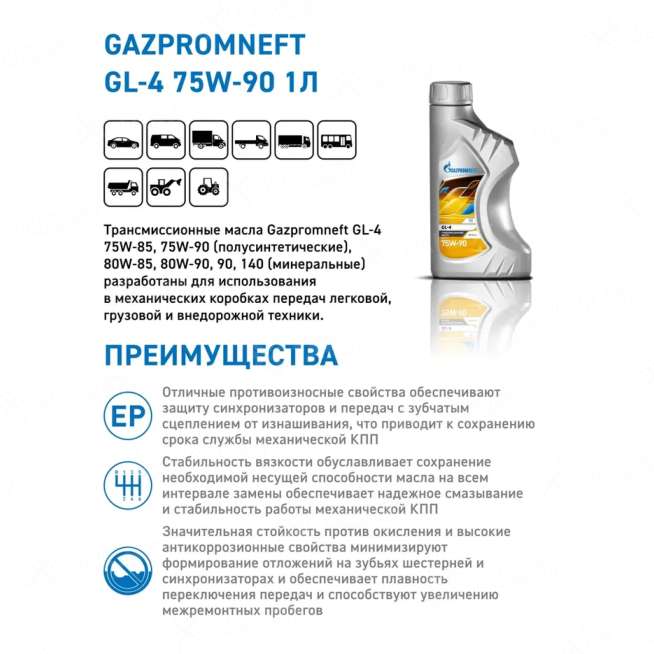 Масло трансмиссионное Gazpromneft GL-4 75W-90, 1л, Россия 1