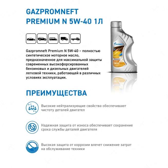 Масло моторное Gazpromneft Premium N 5W-40 API SN/CF, 1л, Россия 1
